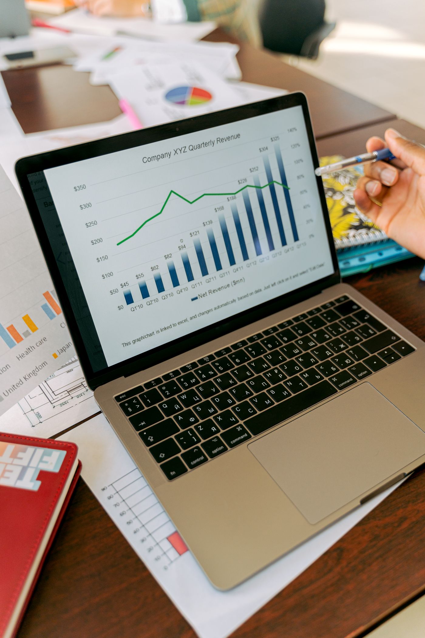 A laptop displaying business revenue charts