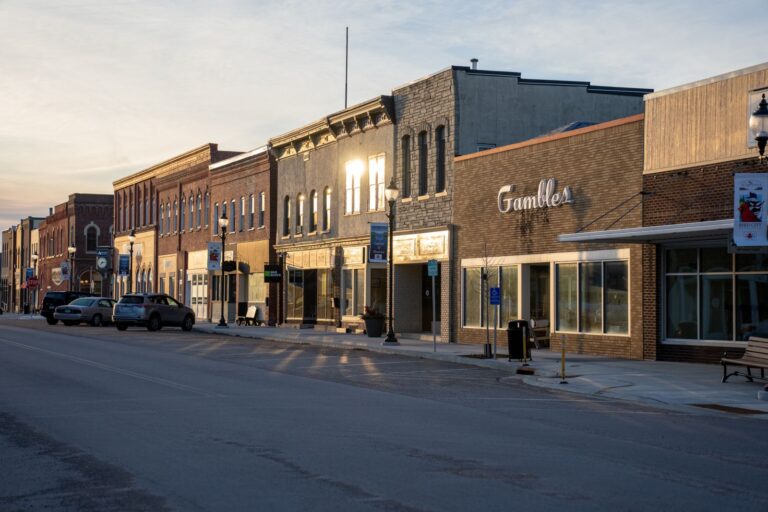 Storefronts along a historic small-town main street