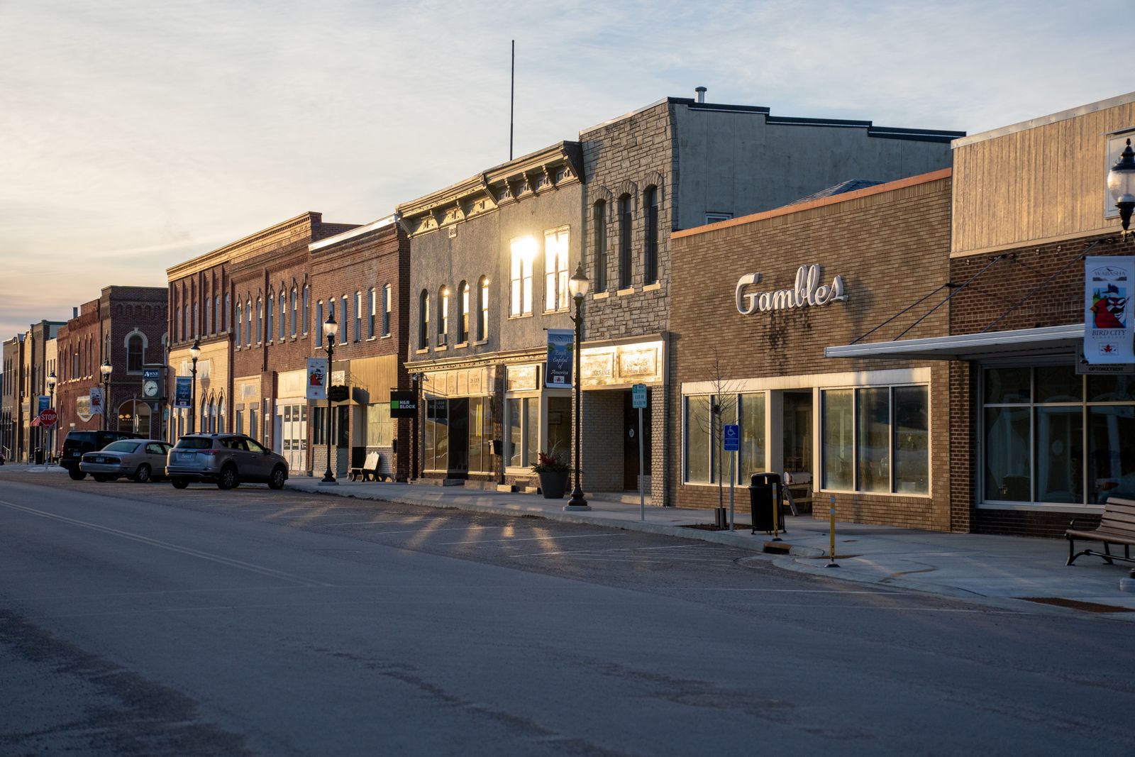 Storefronts along a historic small-town main street