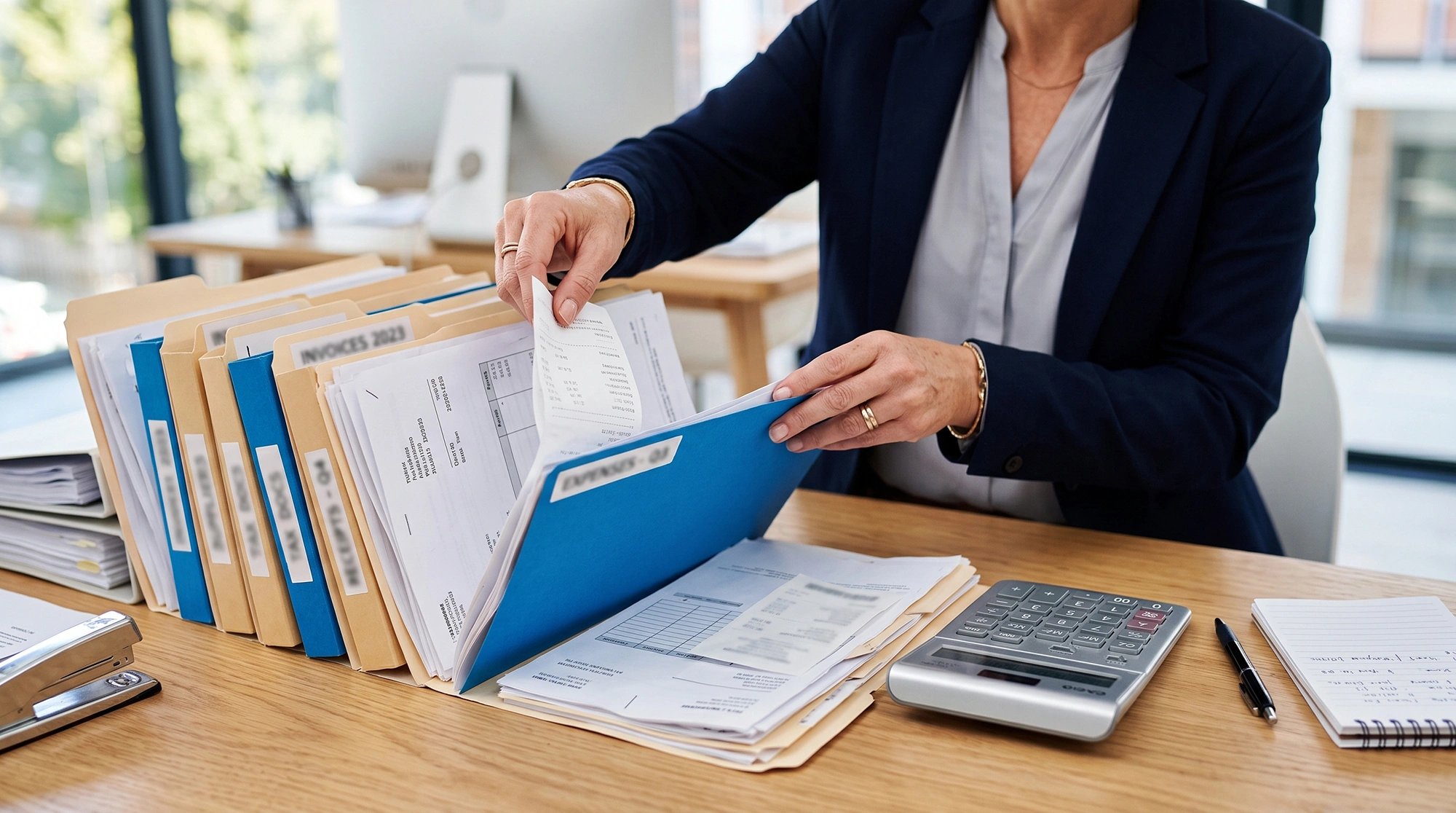 A bookkeeper organizing labeled invoice folders at a desk