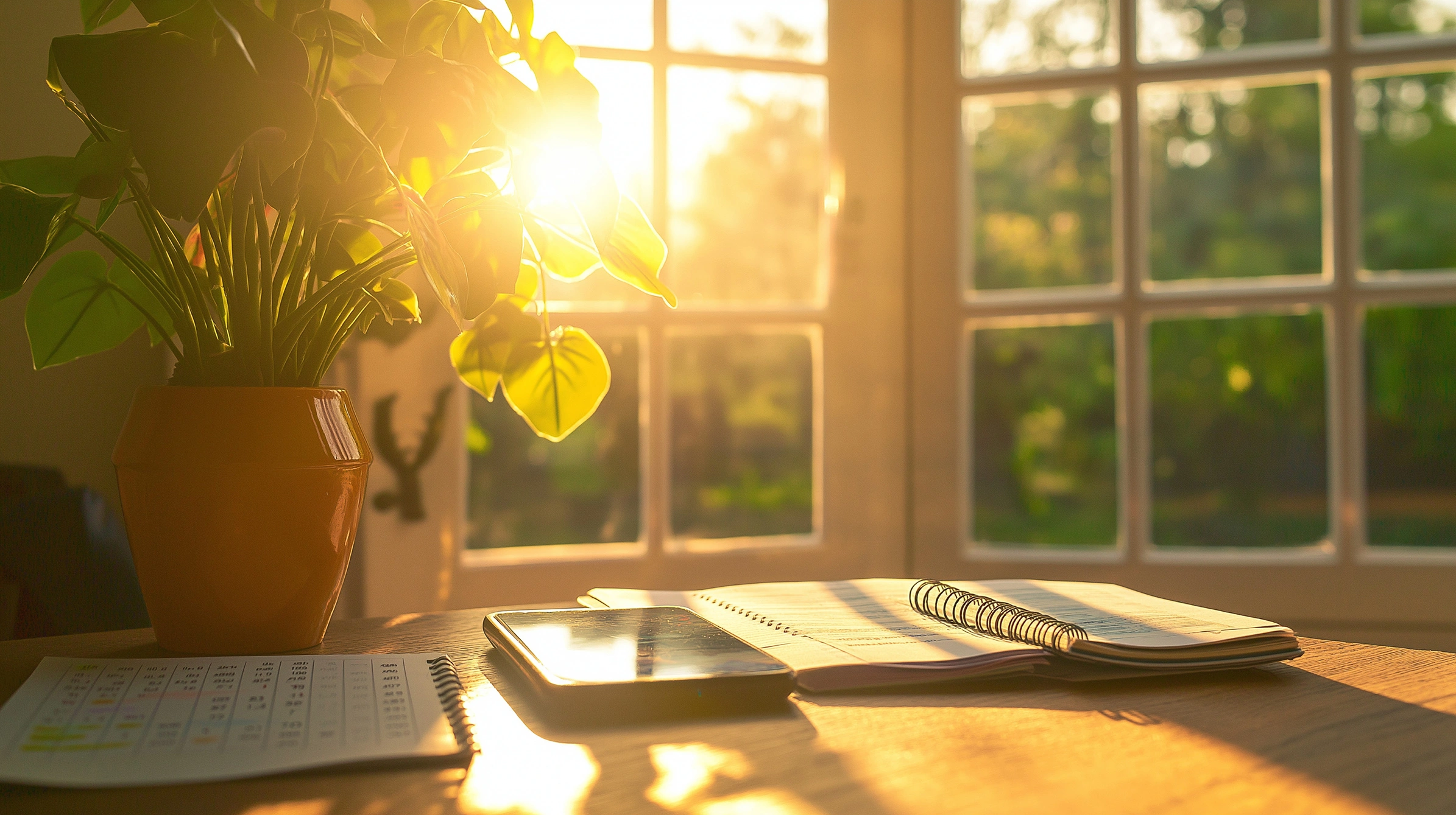 Warm sunlit desk with a notebook, spreadsheets, and a plant