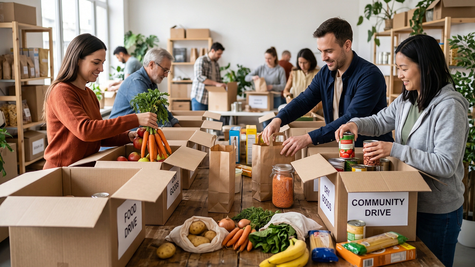 Volunteers packing food donations at a community drive